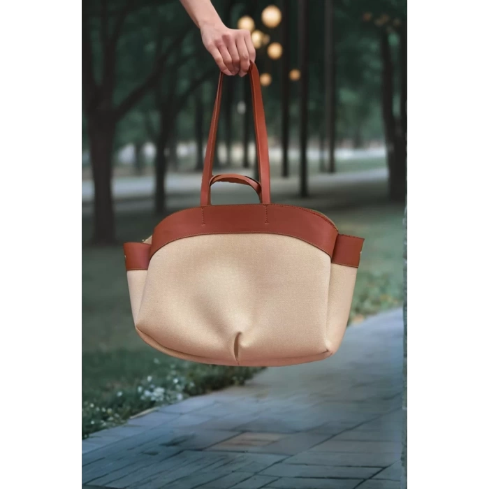 Kadın Büyük Tote Çanta Suni Deri Detaylı Geniş Hacimli Omuz Çantası Modern Stil Özel Tasarım