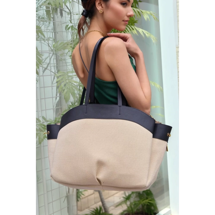 Kadın Büyük Tote Çanta Suni Deri Detaylı Geniş Hacimli Omuz Çantası Modern Stil Özel Tasarım