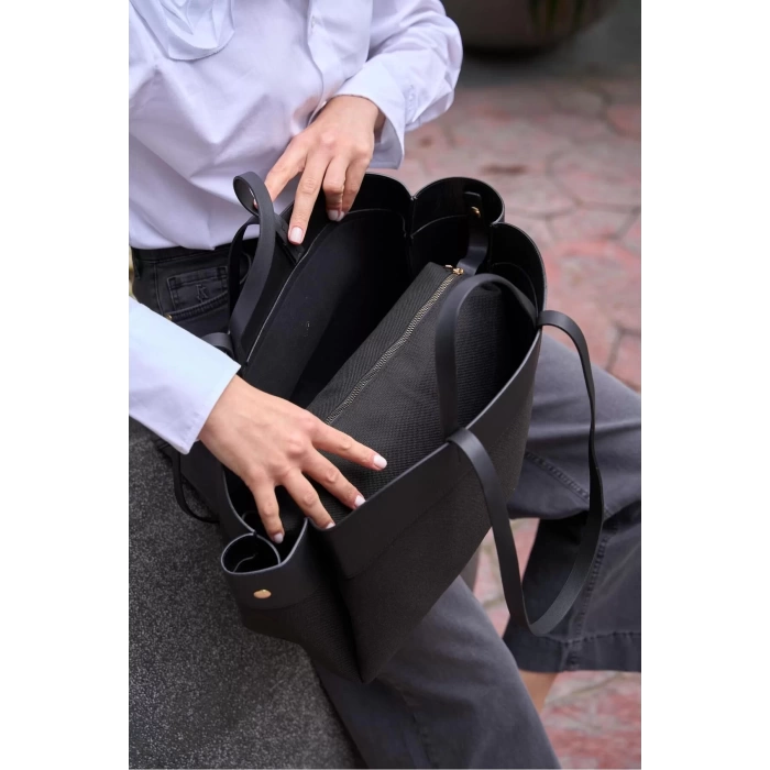 Kadın Büyük Tote Çanta Suni Deri Detaylı Geniş Hacimli Omuz Çantası Modern Stil Özel Tasarım