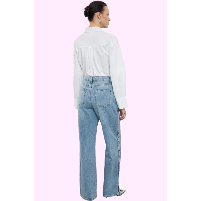 Kadın Care Koleksiyonu Pamuk Denim Pantolon Yüksek Bel Geniş Paça Casual Stil Günlük Kullanım