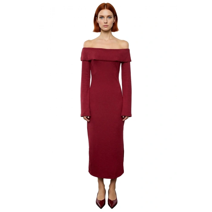 Kadın Carmen Yaka Bodycon Kalıp Midi Boy Örme Elbise Soğuk Havalarda Zarafetle Buluşun Kaliteli