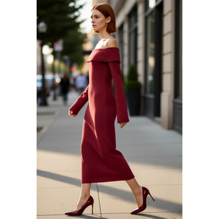 Kadın Carmen Yaka Bodycon Kalıp Midi Boy Örme Elbise Soğuk Havalarda Zarafetle Buluşun Kaliteli