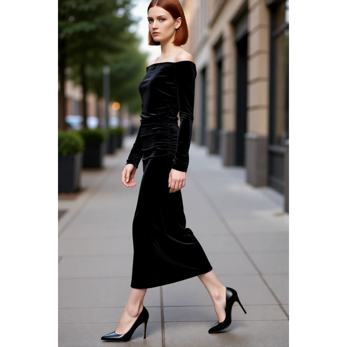 Kadın Carmen Yaka Bodycon Siyah Kadife Midi Elbise Uzun Kollu Şık Davetler İçin Zarafet Sunar
