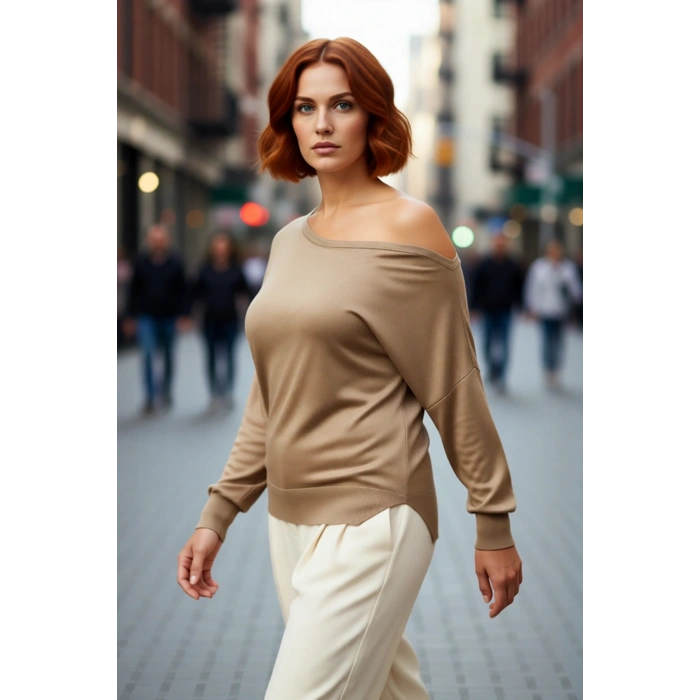 Kadın Carmen Yaka Düz Triko Kazak İnce Yapısı ile İlkbahar Sonbahar Günlük Şıklığı Sunar Kaliteli