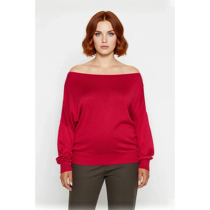 Kadın Carmen Yaka Düz Triko Kazak İnce Yapısı ile İlkbahar Sonbahar Günlük Şıklığı Sunar Kaliteli