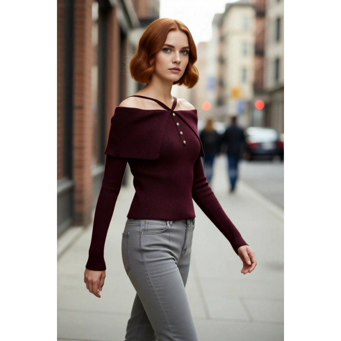 Kadın Carmen Yaka Fitilli Fitted Triko Kazak Modern Şıklık Sunan Uzun Kollu Gündüz Gece Giyimi