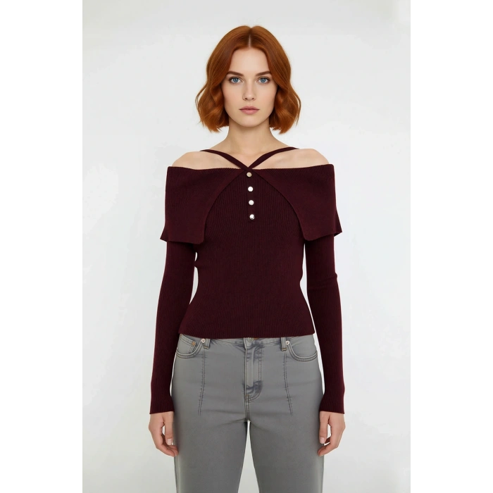 Kadın Carmen Yaka Fitilli Fitted Triko Kazak Modern Şıklık Sunan Uzun Kollu Gündüz Gece Giyimi