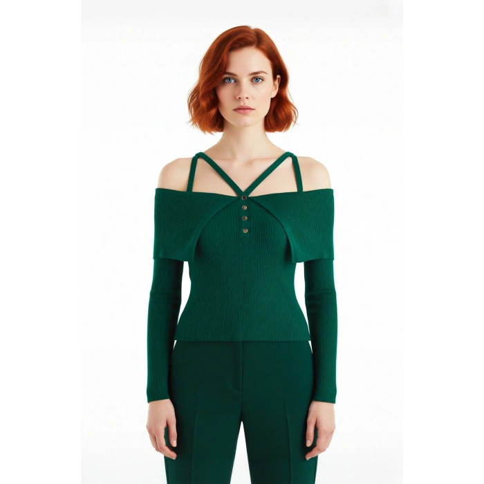 Kadın Carmen Yaka Fitilli Fitted Triko Kazak Modern Şıklık Sunan Uzun Kollu Gündüz Gece Giyimi