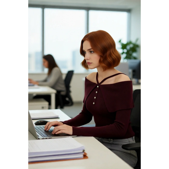 Kadın Carmen Yaka Fitilli Fitted Triko Kazak Modern Şıklık Sunan Uzun Kollu Gündüz Gece Giyimi