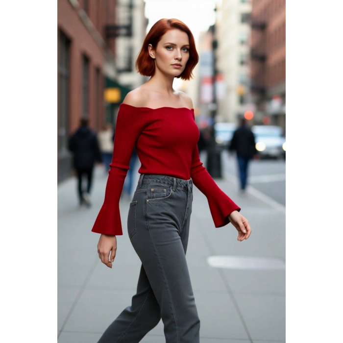 Kadın Carmen Yaka Fitted Akrilik Triko Bluz Uzun Reglan Kollu Fitilli Dokuma İlkbahar Sonbahar