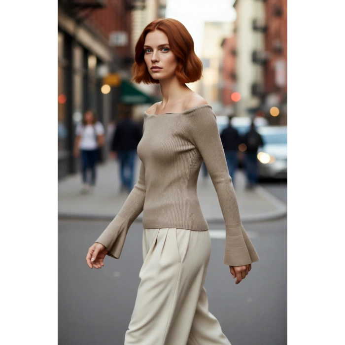 Kadın Carmen Yaka Fitted Akrilik Triko Bluz Uzun Reglan Kollu Fitilli Dokuma İlkbahar Sonbahar
