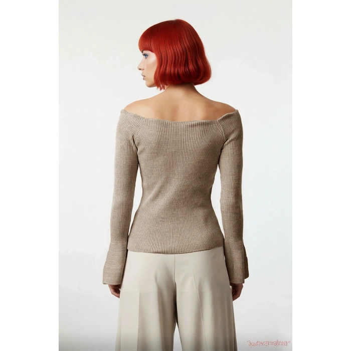 Kadın Carmen Yaka Fitted Akrilik Triko Bluz Uzun Reglan Kollu Fitilli Dokuma İlkbahar Sonbahar