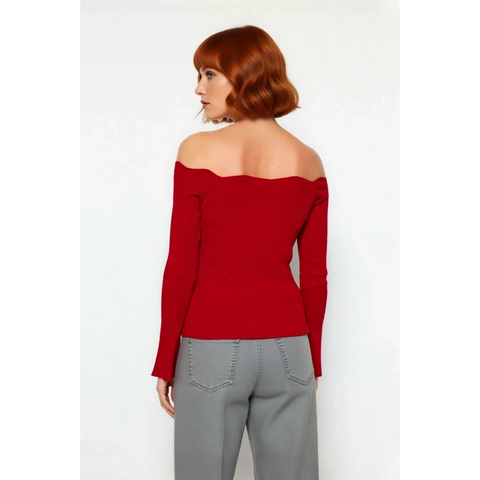 Kadın Carmen Yaka Fitted Akrilik Triko Bluz Uzun Reglan Kollu Fitilli Dokuma İlkbahar Sonbahar