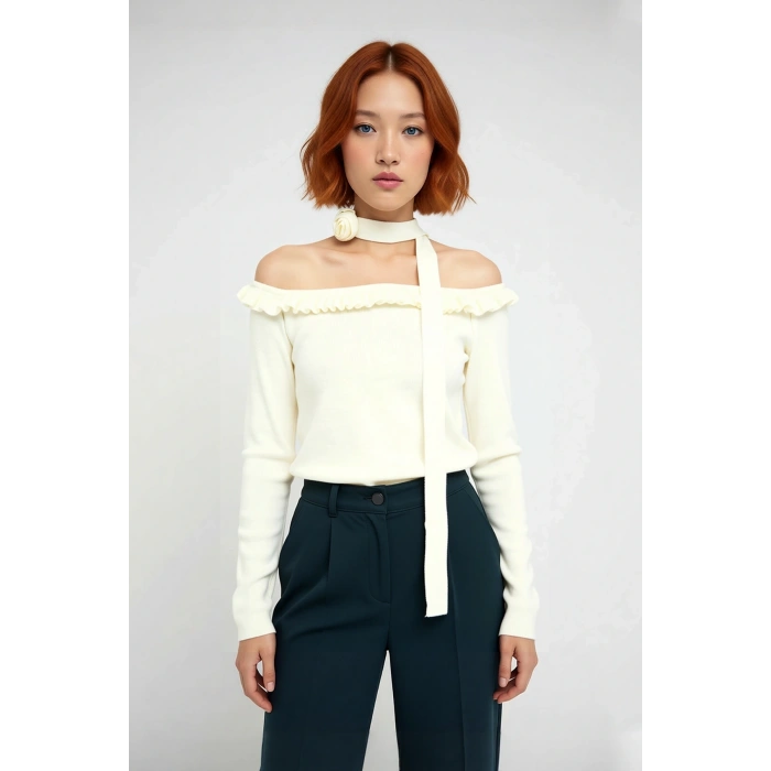 Kadın Carmen Yaka Fitted Basic Akrilik Triko Uzun Kol Bluz Güllü Atkı Aksesuarlı Şık Ve Modern Stil