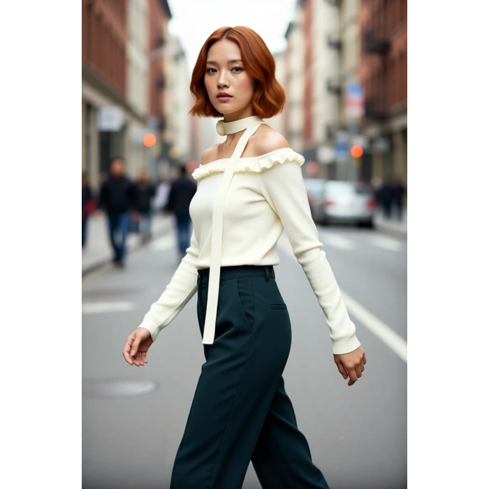 Kadın Carmen Yaka Fitted Basic Akrilik Triko Uzun Kol Bluz Güllü Atkı Aksesuarlı Şık Ve Modern Stil