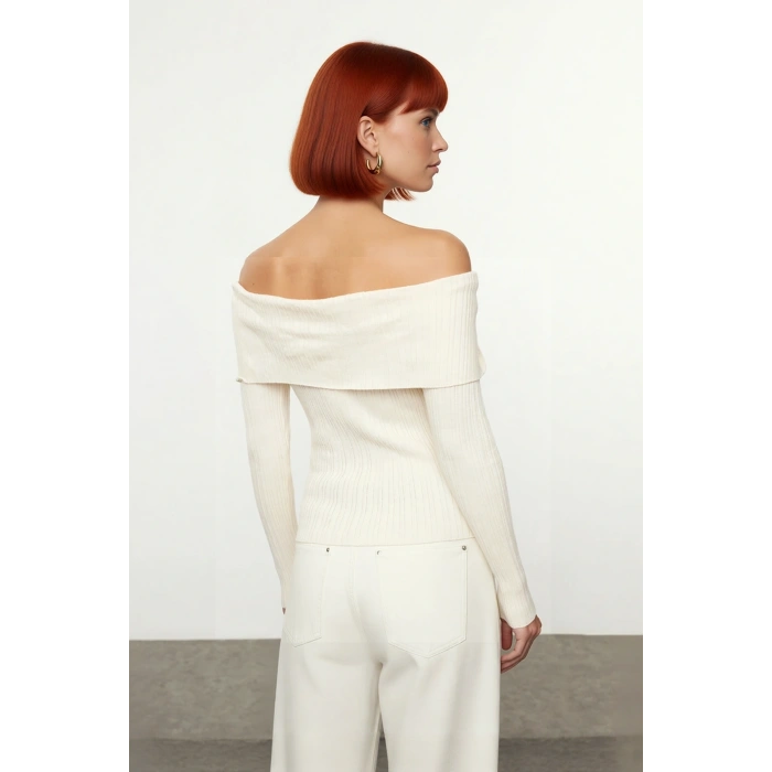 Kadın Carmen Yaka Fitted Kesim Uzun Kollu Fitilli Triko Kazak İlkbahar Sonbahar Şıklığı İçin İdeal