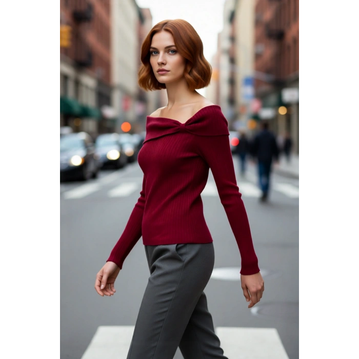 Kadın Carmen Yaka Fitted Kesim Uzun Kollu Fitilli Triko Kazak İlkbahar Sonbahar Şıklığı İçin İdeal