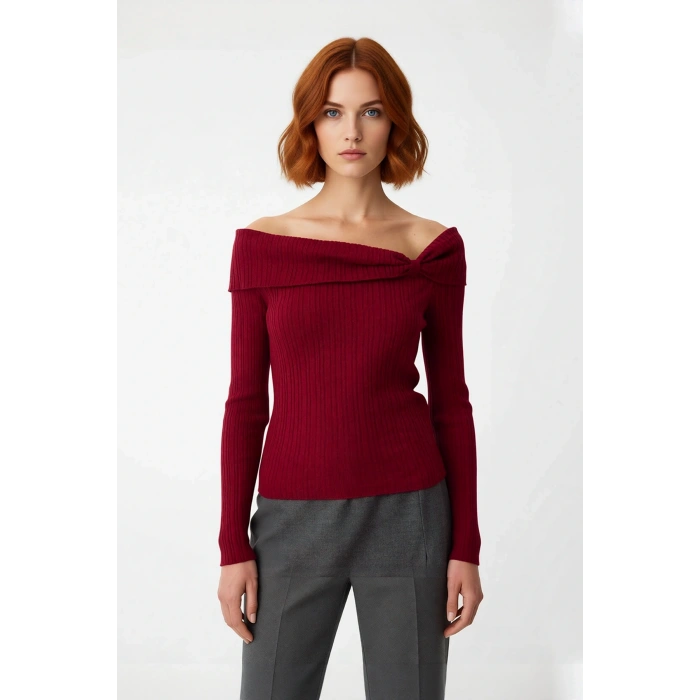 Kadın Carmen Yaka Fitted Kesim Uzun Kollu Fitilli Triko Kazak İlkbahar Sonbahar Şıklığı İçin İdeal