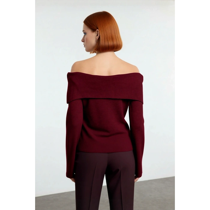 Kadın Carmen Yaka Gül Detaylı Triko Kazak Zarif Şık Regular Kalıp Çan Kol Gündüz Gece Kombin