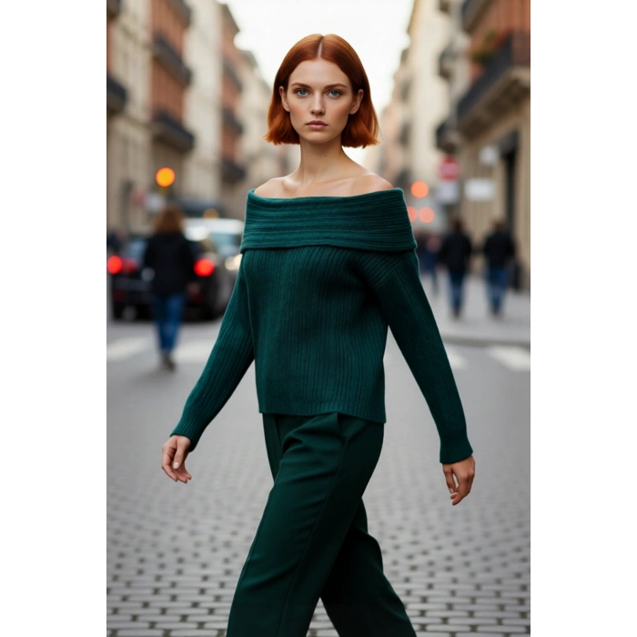 Kadın Carmen Yaka Regular Kalıp Uzun Kollu Fitilli Triko Kazak Gündüz Ve Gece Şıklığı Sunar