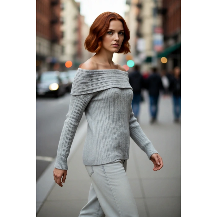 Kadın Carmen Yaka Regular Kalıp Uzun Kollu Fitilli Triko Kazak Gündüz Ve Gece Şıklığı Sunar