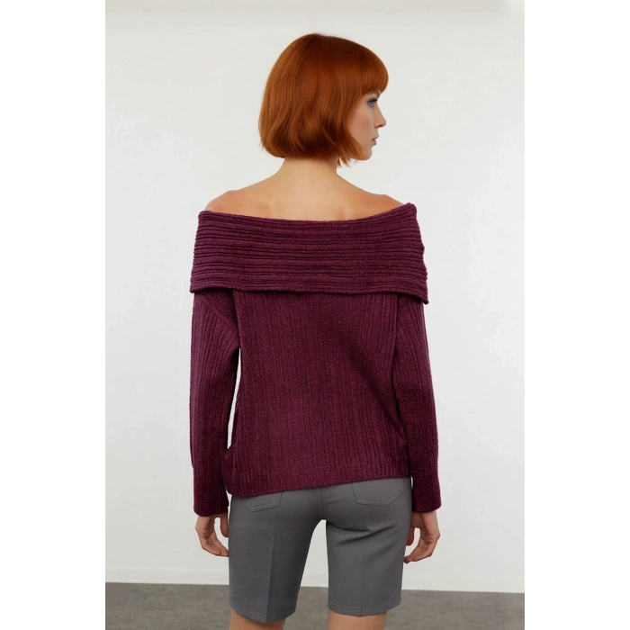 Kadın Carmen Yaka Regular Kalıp Uzun Kollu Fitilli Triko Kazak Gündüz Ve Gece Şıklığı Sunar