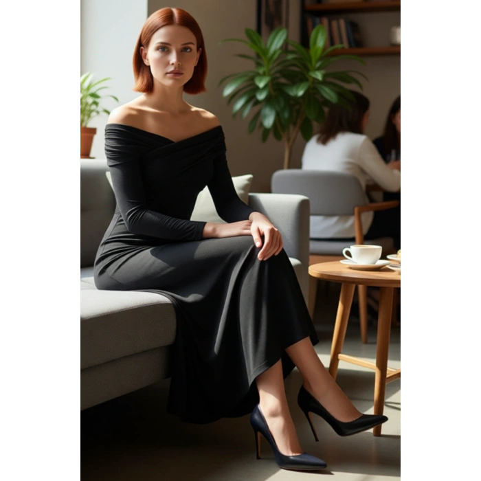 Kadın Carmen Yaka Uzun Kol A Line Siluet Polyester Karışımlı Maxi Abiye Elbise Özel Davetler İçin.