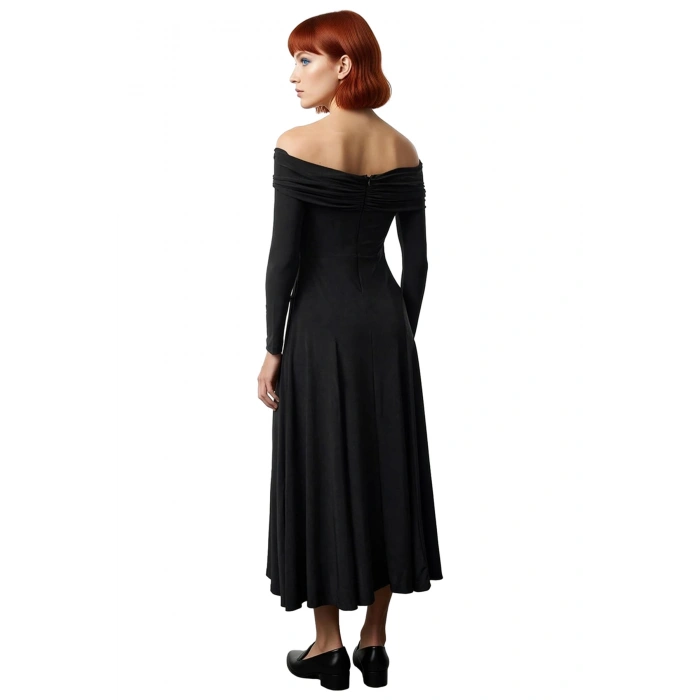 Kadın Carmen Yaka Uzun Kol A Line Siluet Polyester Karışımlı Maxi Abiye Elbise Özel Davetler İçin.