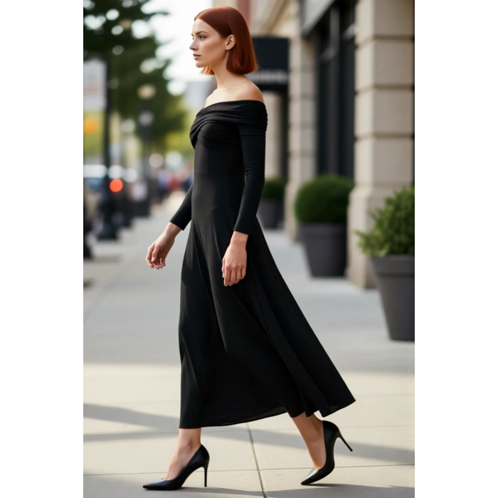 Kadın Carmen Yaka Uzun Kol A Line Siluet Polyester Karışımlı Maxi Abiye Elbise Özel Davetler İçin.