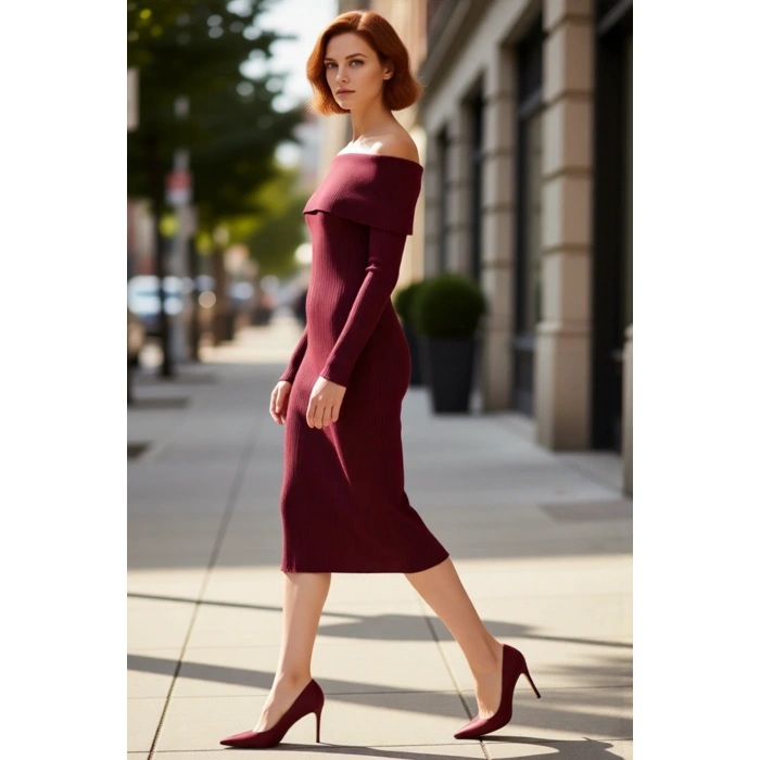 Kadın Carmen Yaka Uzun Kollu Midi Boy Düz Shift Kalıp Triko Elbise İlkbahar Sonbahar Şıklığı