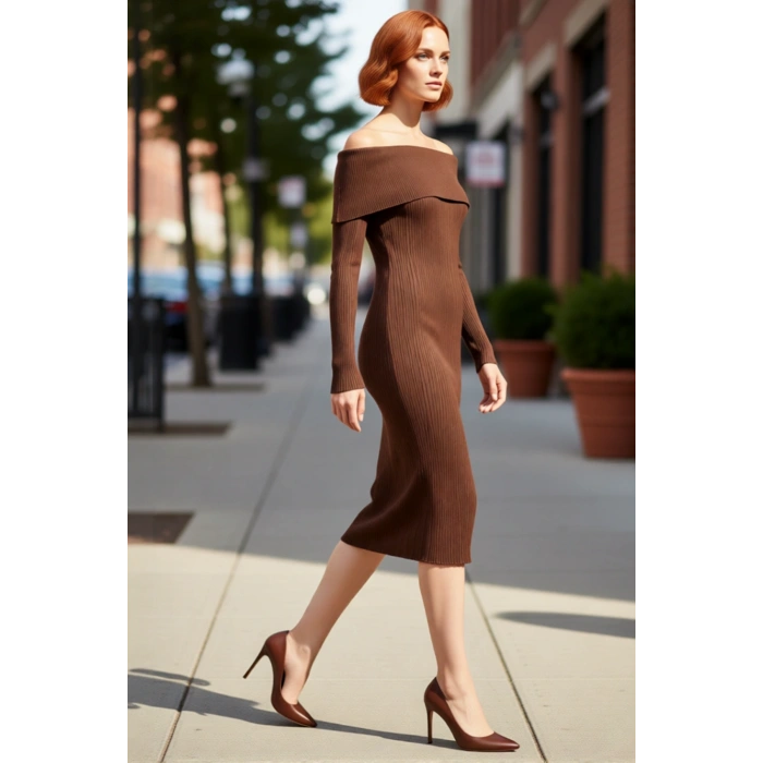 Kadın Carmen Yaka Uzun Kollu Midi Boy Düz Shift Kalıp Triko Elbise İlkbahar Sonbahar Şıklığı