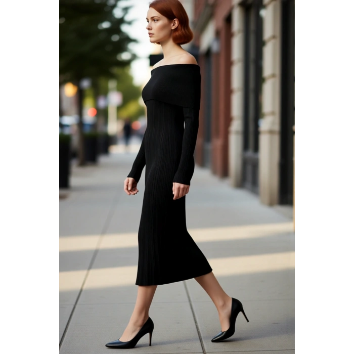 Kadın Carmen Yaka Uzun Kollu Midi Boy Düz Shift Kalıp Triko Elbise İlkbahar Sonbahar Şıklığı