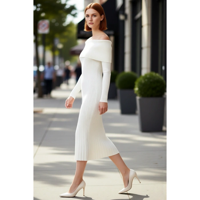 Kadın Carmen Yaka Uzun Kollu Midi Boy Düz Shift Kalıp Triko Elbise İlkbahar Sonbahar Şıklığı