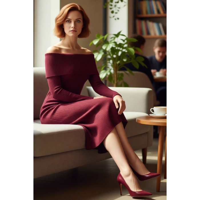 Kadın Carmen Yaka Uzun Kollu Midi Boy Düz Shift Kalıp Triko Elbise İlkbahar Sonbahar Şıklığı