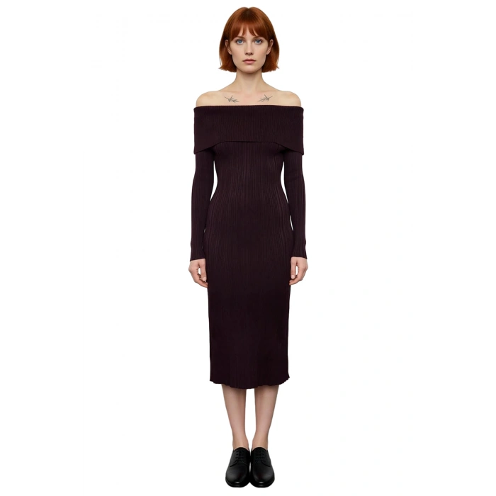 Kadın Carmen Yaka Uzun Kollu Midi Boy Düz Shift Kalıp Triko Elbise İlkbahar Sonbahar Şıklığı