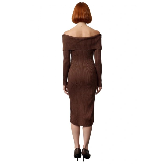 Kadın Carmen Yaka Uzun Kollu Midi Boy Düz Shift Kalıp Triko Elbise İlkbahar Sonbahar Şıklığı