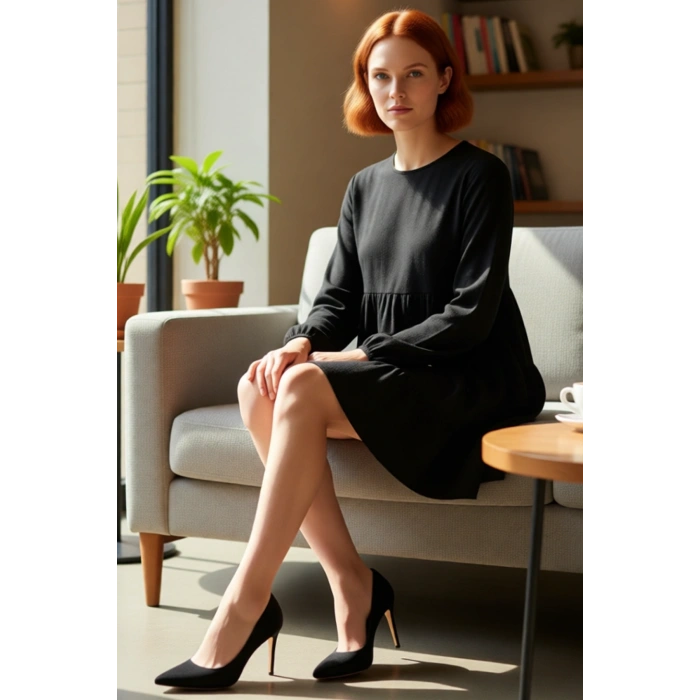 Kadın Casual A Line Uzun Balon Kol Bürümcük Dokulu Örme Bisiklet Yaka Mini Elbise Sonbahar Kış Stili