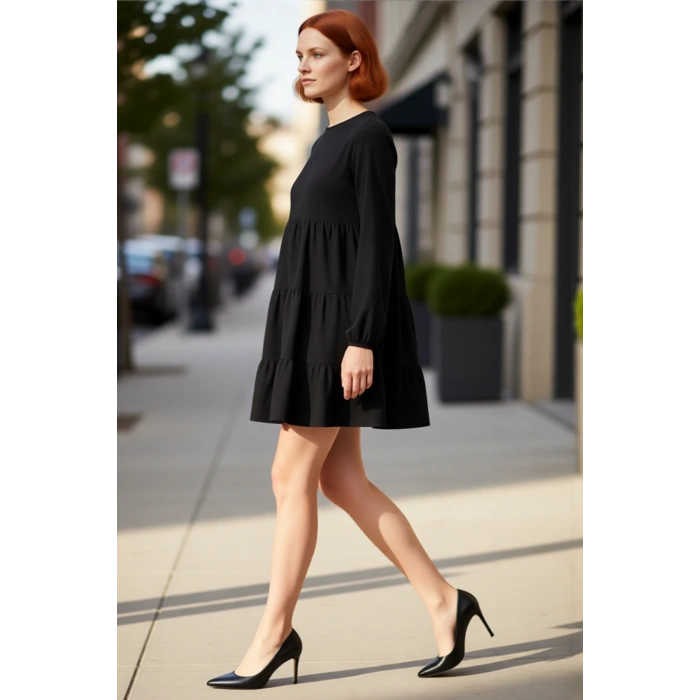 Kadın Casual A Line Uzun Balon Kol Bürümcük Dokulu Örme Bisiklet Yaka Mini Elbise Sonbahar Kış Stili