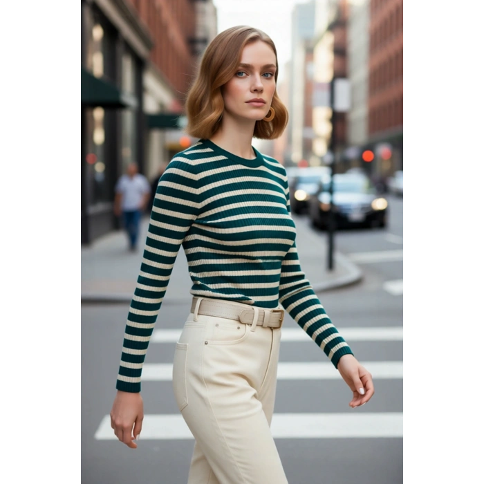 Kadın Casual Çizgili Bisiklet Yaka Fitted Akrilik Uzun Kol Triko Basic Günlük Kazak Kaliteli