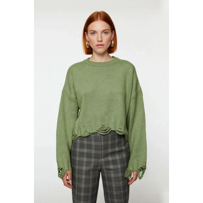 Kadın Casual Crop Oversize Bisiklet Yaka Triko Kazak Düşük Kol Akıtma Detaylı Konforlu Şık