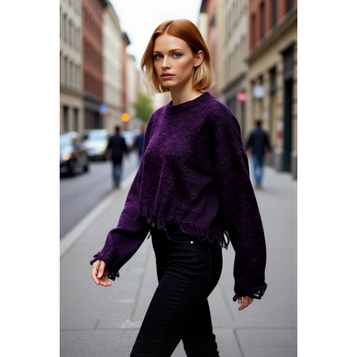 Kadın Casual Crop Oversize Bisiklet Yaka Triko Kazak Düşük Kol Akıtma Detaylı Konforlu Şık