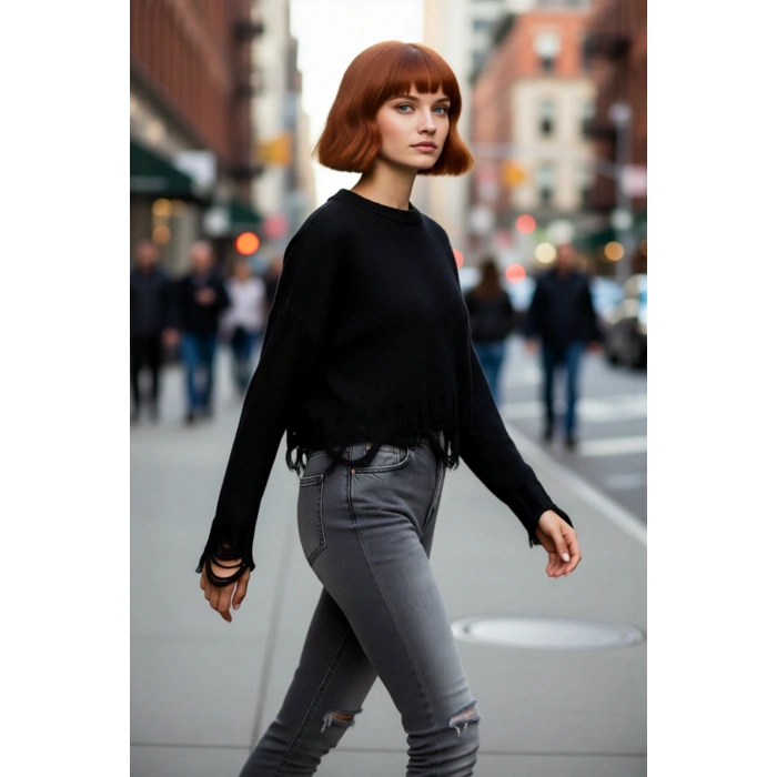 Kadın Casual Crop Oversize Bisiklet Yaka Triko Kazak Düşük Kol Akıtma Detaylı Konforlu Şık