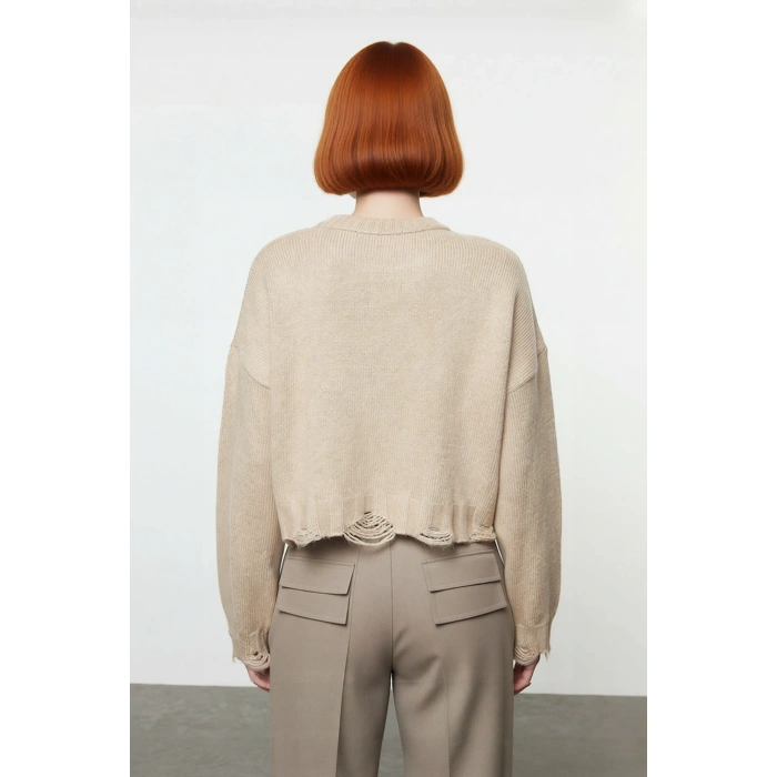 Kadın Casual Crop Oversize Bisiklet Yaka Triko Kazak Düşük Kol Akıtma Detaylı Konforlu Şık