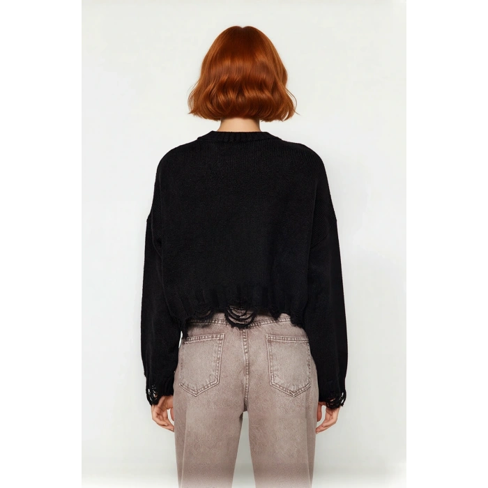 Kadın Casual Crop Oversize Bisiklet Yaka Triko Kazak Düşük Kol Akıtma Detaylı Konforlu Şık