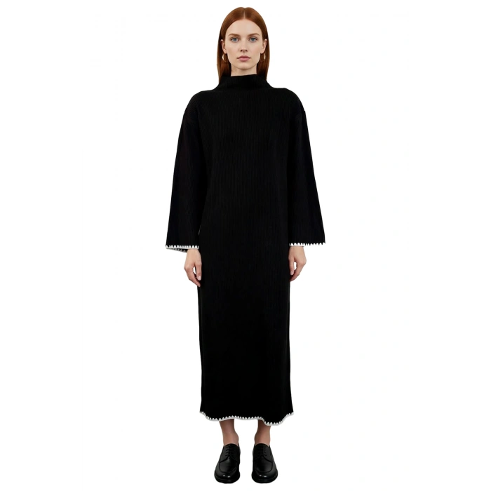 Kadın Casual Dik Yaka Düşük Kollu Maxi Boy Triko Elbise Rahat Shift Kalıp Kış Kombinleri İçin