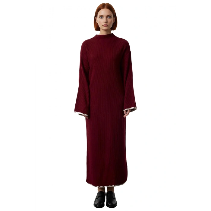 Kadın Casual Dik Yaka Düşük Kollu Maxi Boy Triko Elbise Rahat Shift Kalıp Kış Kombinleri İçin