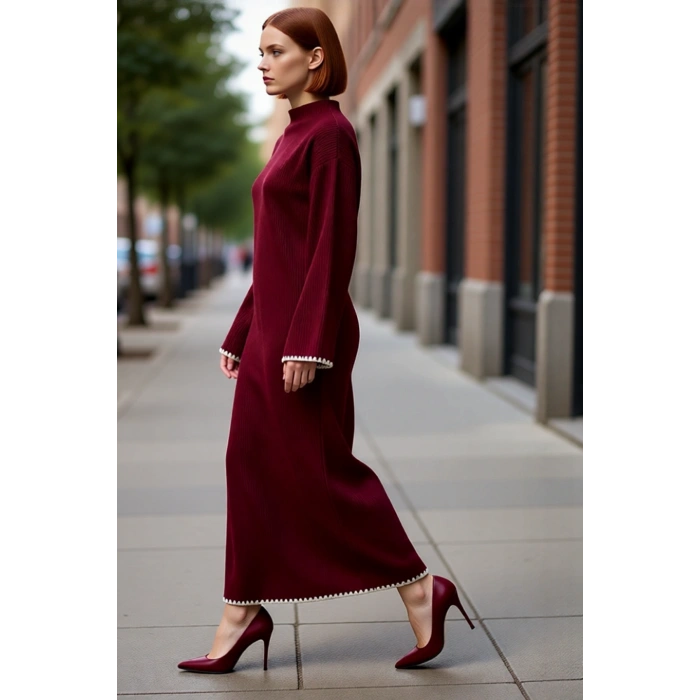 Kadın Casual Dik Yaka Düşük Kollu Maxi Boy Triko Elbise Rahat Shift Kalıp Kış Kombinleri İçin