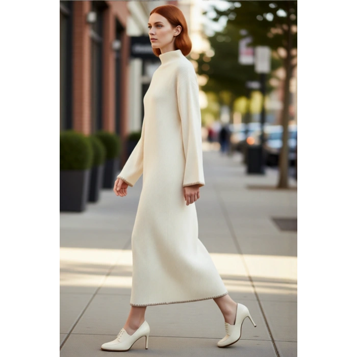 Kadın Casual Dik Yaka Düşük Kollu Maxi Boy Triko Elbise Rahat Shift Kalıp Kış Kombinleri İçin