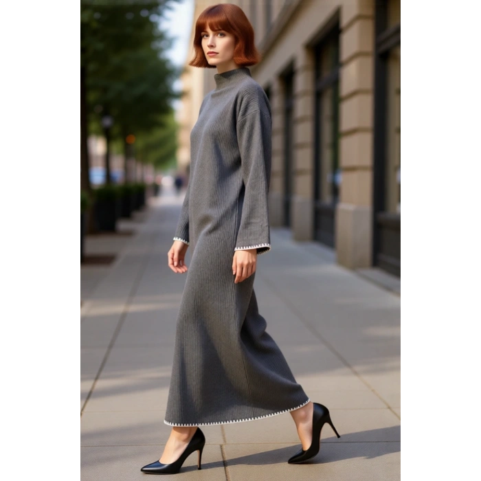 Kadın Casual Dik Yaka Düşük Kollu Maxi Boy Triko Elbise Rahat Shift Kalıp Kış Kombinleri İçin