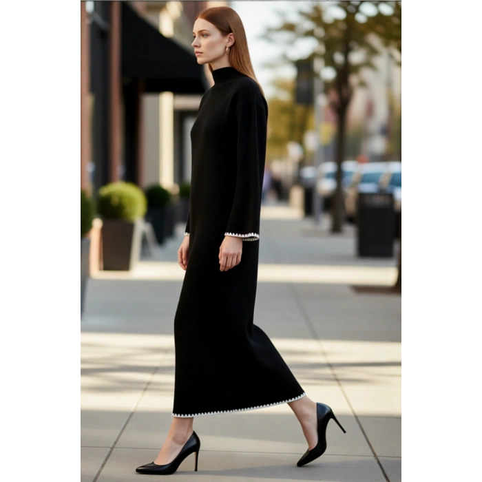 Kadın Casual Dik Yaka Düşük Kollu Maxi Boy Triko Elbise Rahat Shift Kalıp Kış Kombinleri İçin